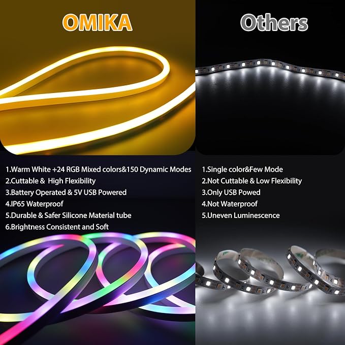 OMIKA 10FT Neon Rope Light Battery Operated, RGB &Warm White Cuttable Lights with USB, Outdoor LED Strip Lights Waterproof for Wall Bedroom Outside Indoor Christmas Décor