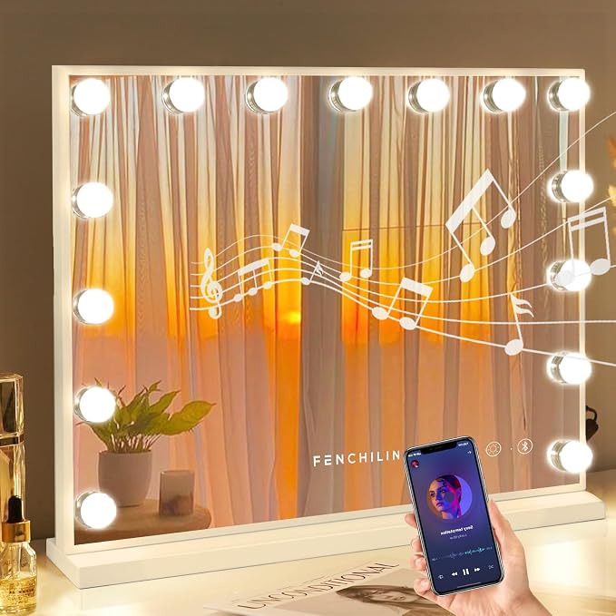 FENCHILIN Vanity Mirror with Lights and Bluetooth Speaker 22.8"x 18.1" Makeup Mirror Lighted Hollywood Mirror with 15 Dimmable LED Bulbs USB Charge Port, 3 Color Lighting Modes Tabletop