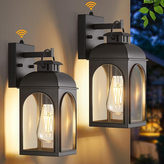 EJIAXIN 2 Pack Dusk to Dawn Outdoor Lighting, Matt Black Porch Lights | Waterproof Metal Construction,Rust-resistant,Clear Glass Shades,Quick Installation,Outside Lights for Doorway,Garage,Patio