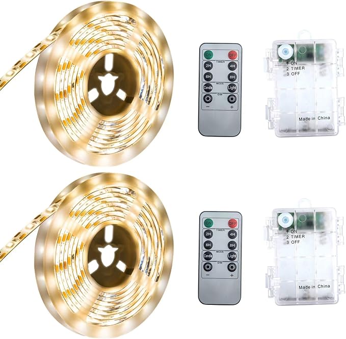 Battery Powered Led Strip Lights, Warm White, with Remote, 13.2ft, 240LEDs Dimmable, Timer, Cuttable Suitable for Bathroom, Fish Tank, Marriage, Kitchen, Waterproof.