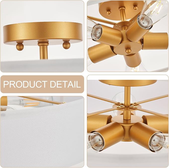 VILUXY Gold Semi-Flush Mount Ceiling Light Fixture with 24" Large White Fabric Drum Shade 5-Light for Bedroom Dining Room Entryway Round Ceiling Lamps