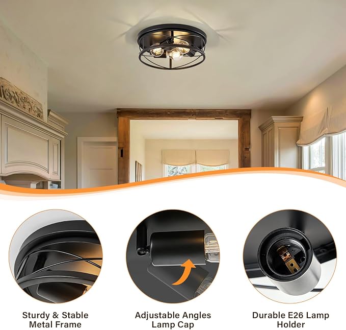 Farmhouse Light Fixtures, Black Round Metal Flush Mount Ceiling Light, 3-Light Cage Ceiling Lamp for Kitchen, Foyer, Bedroom, Hallway（Bulbs Not Included）