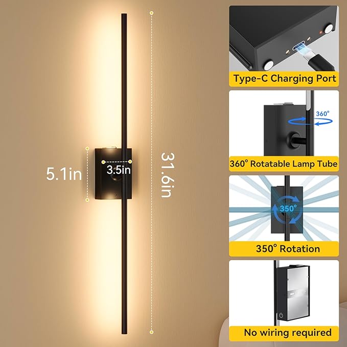 Battery Operated Wall Sconces Set of 2, 10000mAh Wireless Rechargeable 3000-6000K Dimmable 350° Rotate Wall Light with Remote for Living Room, Bedroom 31.6in Black