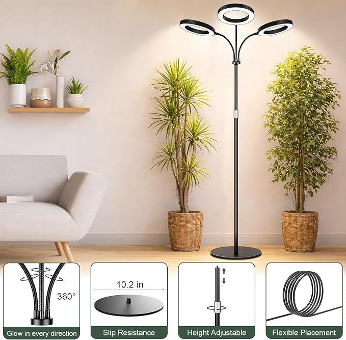 LBW 3-Head Grow Light with Stand for Indoor Plants, Full Spectrum Grow Light for Tall Large Plants, Adjustable Height up to 68", Auto Cycle Timer 6/8/12/16H, 5-Level Dimming, 3 Lighting Modes, Black