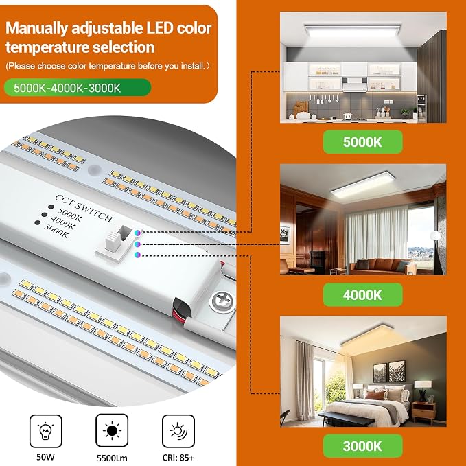 Dimmable 4FT LED Wraparound Light, Selectable 3 Color Temperature 3000K/4000K/5000K CCT 50W 5500LM 4 Foot Kitchen LED Light Fixture, Flush Mount 48 Inch Ceiling Lighting Fixture, 1 Pack