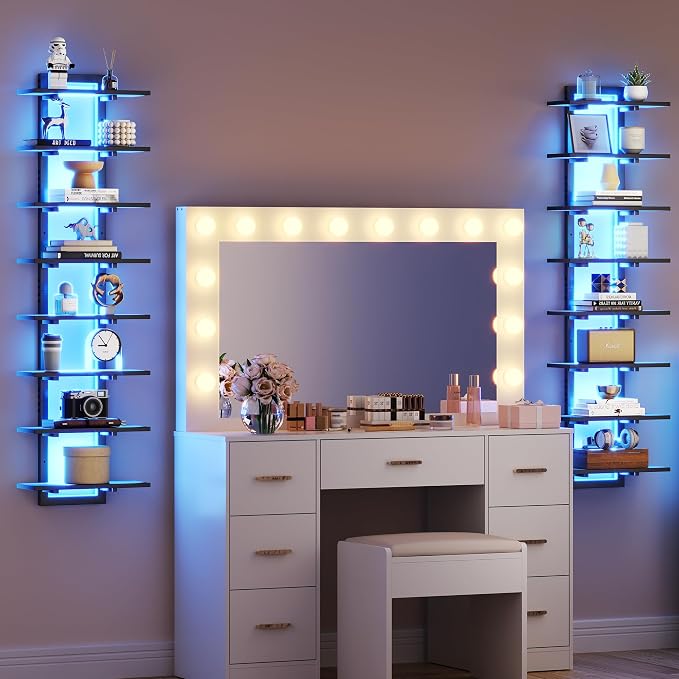 8 Tier Wall Shelf Unit Floating Shelves with LED Light, Vertical Wall Shelf, Wall Mounted Display Shelf for Living Room, Bedroom, Vanity, 15" W x 5.9" D x 58.3" H, Black
