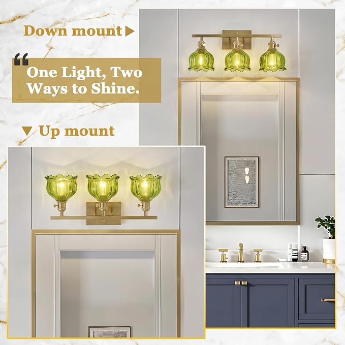3-Light Vintage Bathroom Vanity Light, 19.4" Brass Hardwired Wall Sconce with Amber Tulip Glass Shades, Brushed Gold Vanity Light for Mirror, Restroom, Bedroom (Green, 3-Light)