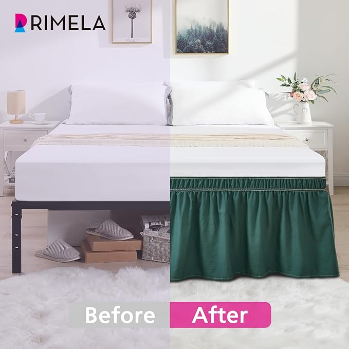 RIMELA Emerald Green Bed Skirt King Size 15 Inch Drop, Wrap Around Elastic Bedskirt, Dust Ruffle for Adjustable Bed Base Machine Washable Easy to Install Bed Skirts,Christmas Bedroom Decor