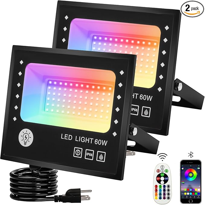Led Flood Light 600W Equivalent 6000LM, Outdoor Led Lights with APP Control, Smart RGB Lights Colored 16 Million Colors, DIY Scenes - Timing - Music Sync, 2700K & IP66(2 Pack)