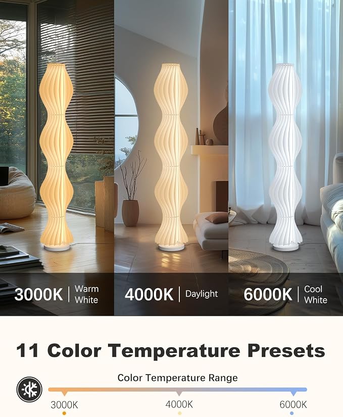 Wave Skirt Floor Lamp - 3 Color Temp & Dimmable | Column Standing Floor Lamp with Foot Switch & Remote - 21 Sheets Lampshade - Modern Ambient Light for Living Room - 30W - 66"