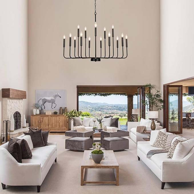 Black Chandeliers for Dining Room Light Fixture Over Table, Modern Farmhouse Chandeliers for Living Room,15-Lights Industrial Metal Candle Lighting Fixtures for Entryway Kitchen Island Foyer