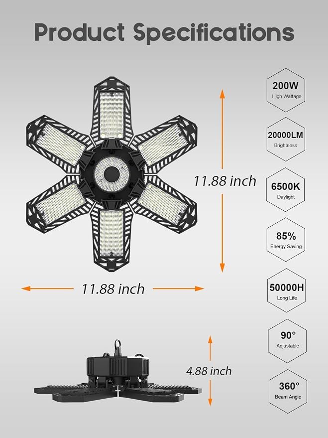 LED Garage Lights 8 Pack, 20000LM Plug in Shop Light Bay Lighting 6500K | 200W Ultra Bright, Linkable Design, 6 Deformable LED Panels, for Garage workshop Basement