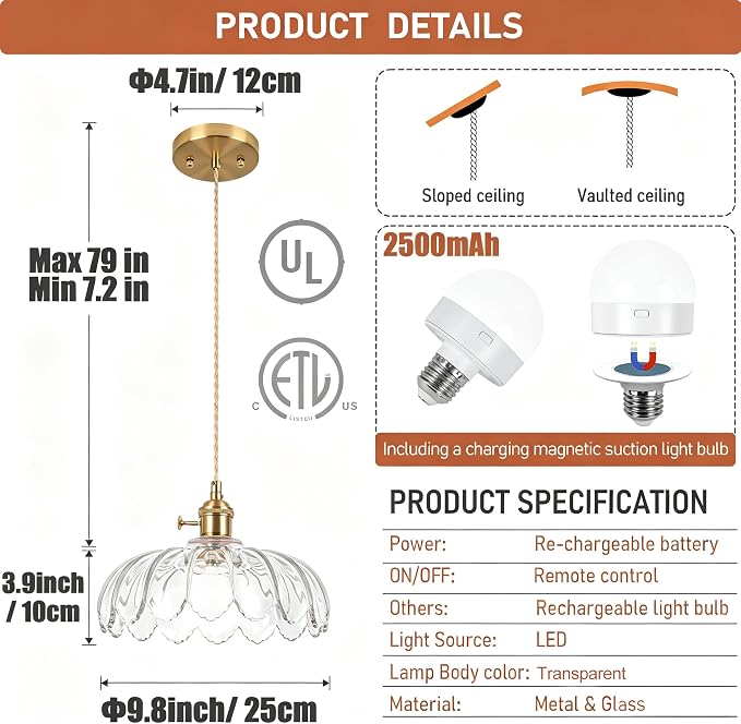 Battery Operated Pendant Light,Transparent Vintage Light Fixtures RGB Rechargeable Light Bulb 2500mAh 9.8in with Remote Control Wireless Adjustable Chandelier for Kitchen Island Hallway 1Light