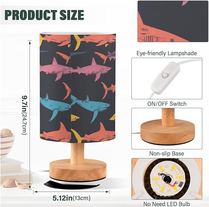 Fustylead Retro Colorful Sharks Undersea Animal Bedside Table Lamps with USB Port for Bedroom Lamp Small Nightstand Lamp Sturdy Linen Shade Wooden Decorative Lamps for Nursery Kids Reading Dorm Home
