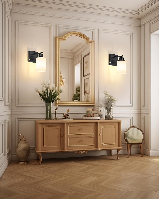 Wall Sconces Battery Operated Set of Two, Modern, White Glass, Black | Dimmable, Easy Install Rechargeable Wall Lights with Timer Remote for Living Room Bedroom, Emergency 3000K