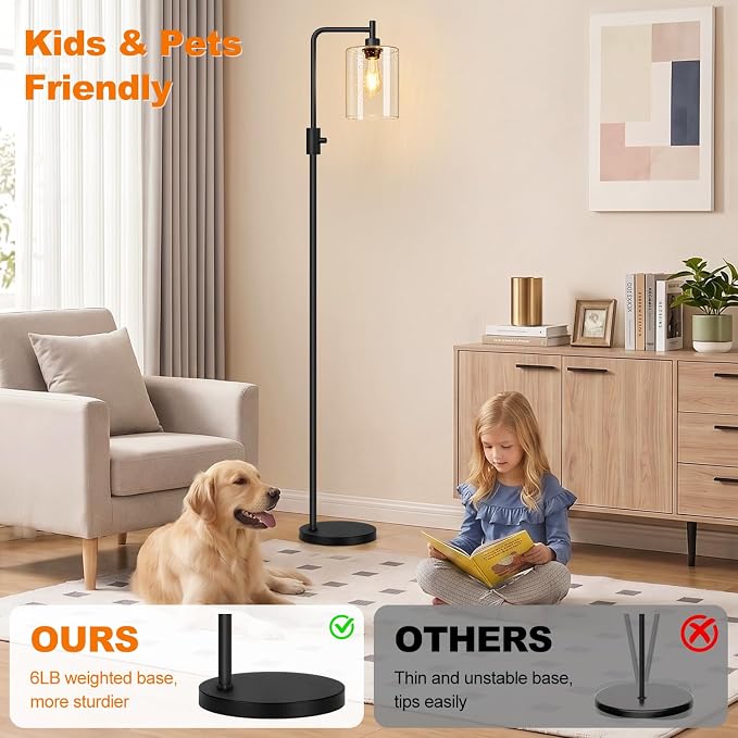 【Upgraded】 Dimmable Floor Lamp for Living Room with Seeded Glass Lampshade, Black Modern Glass Floor Lamp with 900LM LED Bulb Included, Arc Standing Tall Lamp for Bedroom, Office, Reading Room, Corner