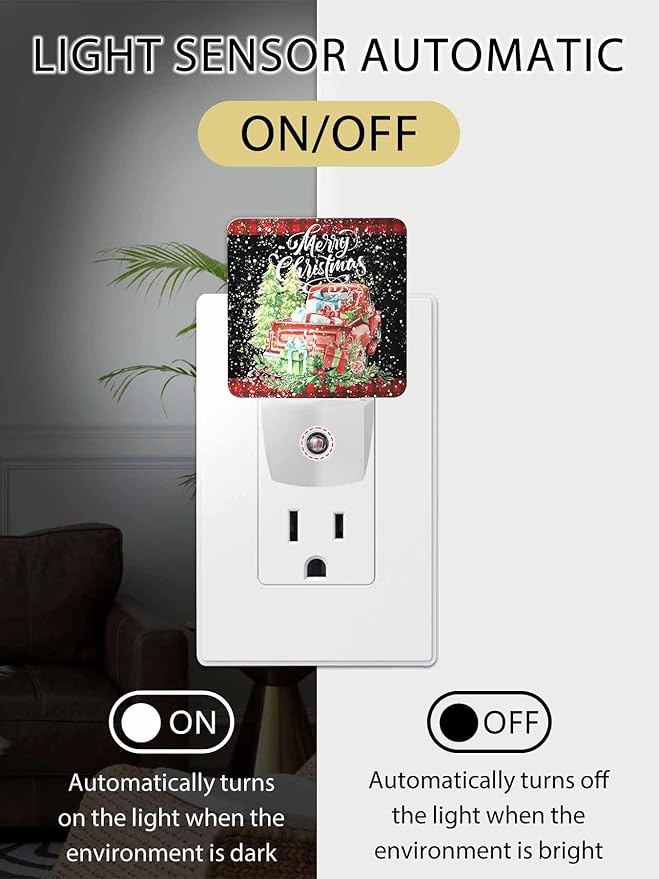 Christmas Night Lights Plug into Wall LED Night Light Christmas Tree Truck with Gift Red Plaid Automatic Dimmable Dusk-to-Dawn Square Shaped Smart Nightlight for Bathroom/Bedroom