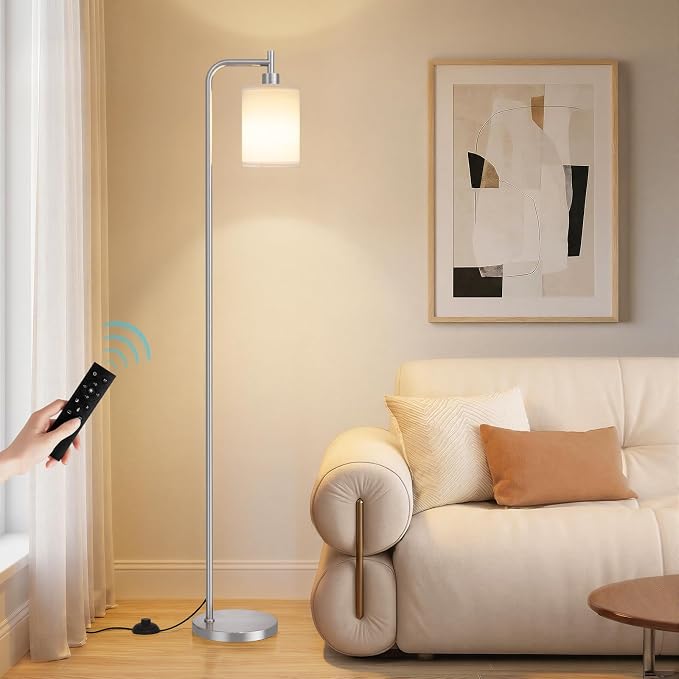Ziisee 64" Floor Lamp for Living Room with Remote Control, White Shade with Brushed Nickel Pole, Dimmable Tall Lamps for Bedroom Office Corner, 9W LED Bulb Included