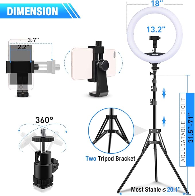Yesker Ring Light 18" Wireless Remote LCD Screen with Tripod Stand 65W LED Ringlight Bi-Color 3200-5500K CRI≥95 for Portrait Live Stream Photography Tiktok Video Zoom Meeting Online Teaching