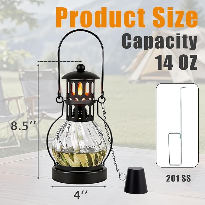1 Pcs Glass Table Top Torches, 14 oz Citronella Torches for Outside | Features hanging handles, Refillable Flame Light Torch, Decorative Tabletop Lantern for Yard, Patio, Garden, Party, Landscape
