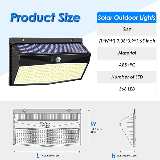 6 Pack 368 LED Solar Motion Sensor Lights Outdoor, Solar Fence Lights with 3 Lighting Modes, Solar Powered Security Lights Waterproof for Outside Yard Wall Garden Backyard Step Garage
