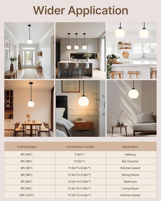 Majade 7.4" Globe Pendant Lights Mid Century Modern Kitchen Island Pendant Light Fixtures 2 Pack Black Brass Pendant Lighting with Milk Glass Adjustable Hanging Light Fixtures for Dining Room