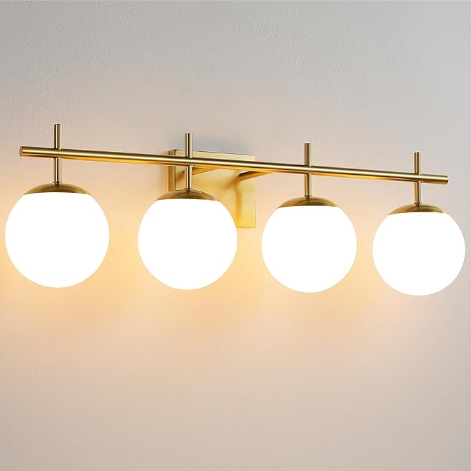 Bathroom Light Fixtures, 4-Light Brushed Gold Bathroom Vanity Lights Over Mirror, 30.7 Inch Modern Vanity Lighting with Milky White Glass Globe Shade Wall Sconce Lighting Bath
