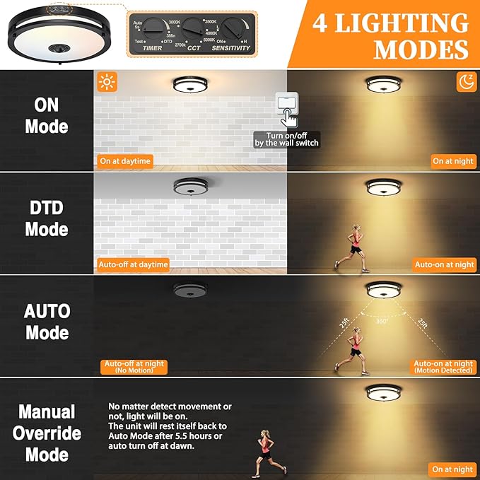 2 Pack 24W LED Motion Sensor Outdoor Ceiling Light, 12IN 2700K/3000K/3500K/4000K/5000K Adjustable Ceiling Lights, Dusk to Dawn Flush Mount LED Ceiling Light Fixture for Porch, Entryway, Garage