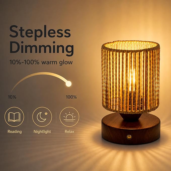 Cordless Rattan Table Lamp, 5000mAh Rechargeable Battery Operated Bedside Lamp with Edison Bulb, Stepless Dimmable Boho Cylinder Desk Light for Bedroom Living Room