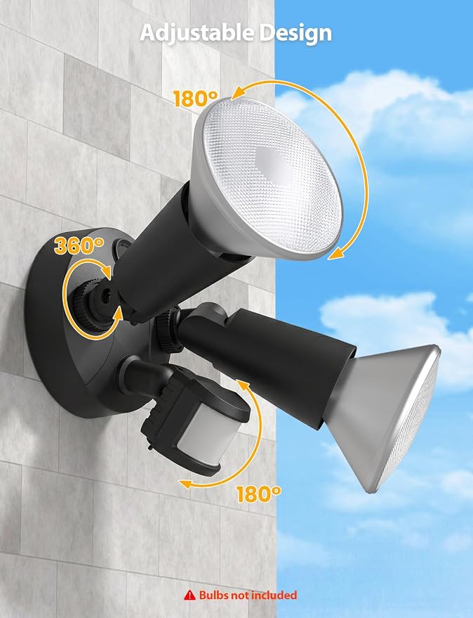 Onforu 2 Pack Motion Sensor Outdoor Lights, Dusk to Dawn Flood Light Fixture, Adjustable Dual PAR38 Heads, Hardwired Floodlight, E26 Base, 300W Max for Garage, Driveway, Yard, Porch, Black