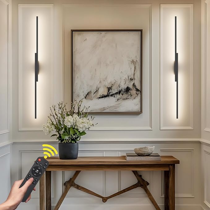 Aipsun Black Wall Sconces Set of Two Battery Operated Wall Sconces 3000K-6000K Dimmable LED Wireless Wall Lights for Living Room,Bedroom,12,000mAh,39.4Inch (2 Pack)