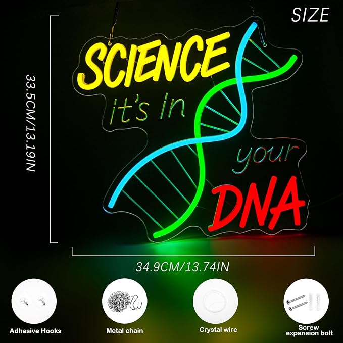 DNA Science Neon Sign, Dimmable LED Double Helix Neon Light for Wall Decor | USB Powered DNA Neon Light for Science Classroom, Lab, Study Room, Gift for Biology Students, Teachers & Science Lovers