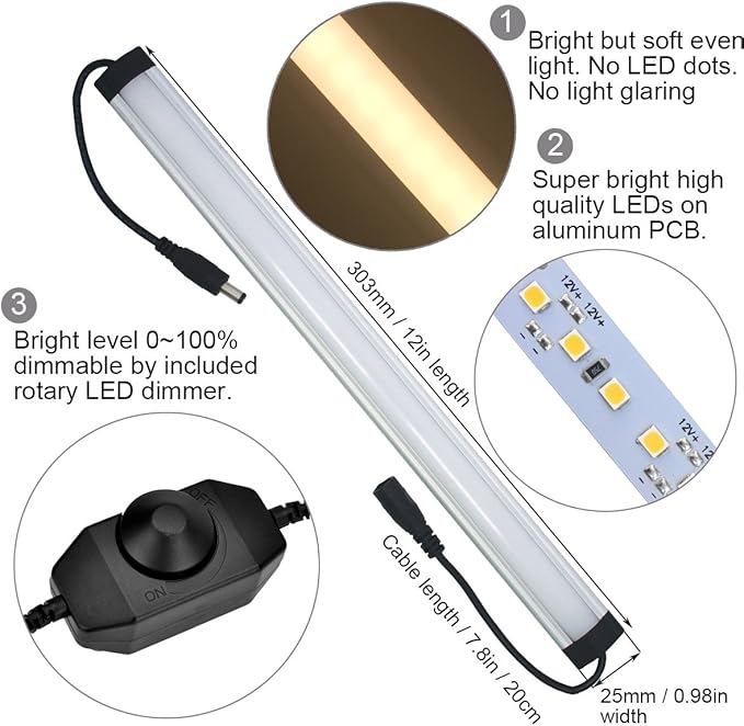 Litever Under Cabinet LED Light Bar Kits Plug in 3 pcs 12 inches Light Bars per Set Warm White 3000K 20W 1000 Lumen Dimmable for Kitchen Cabinets Counters Bookcases (3 Bars Kit-3000K)