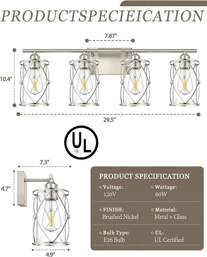 4-Light Brushed Nickel Bathroom Light Fixtures, 29 Inch Modern Bathroom Vanity Lighting Fixtures Over Mirror with Clear Glass and Metal Cage Wall Sconce Lights for Bath, E26, CH9176BN-4W