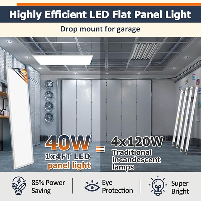 1x4 Led Flat Panel Light Surface Mount Ceiling Light, 5CCT 3000K/3800K/4500K/5200K/6000K Dimmable, 24W/30W/40W 4980LM Edge-Lit, Flush Mount or Drop Ceiling for Office Kitchen Garage, White 2-Pack
