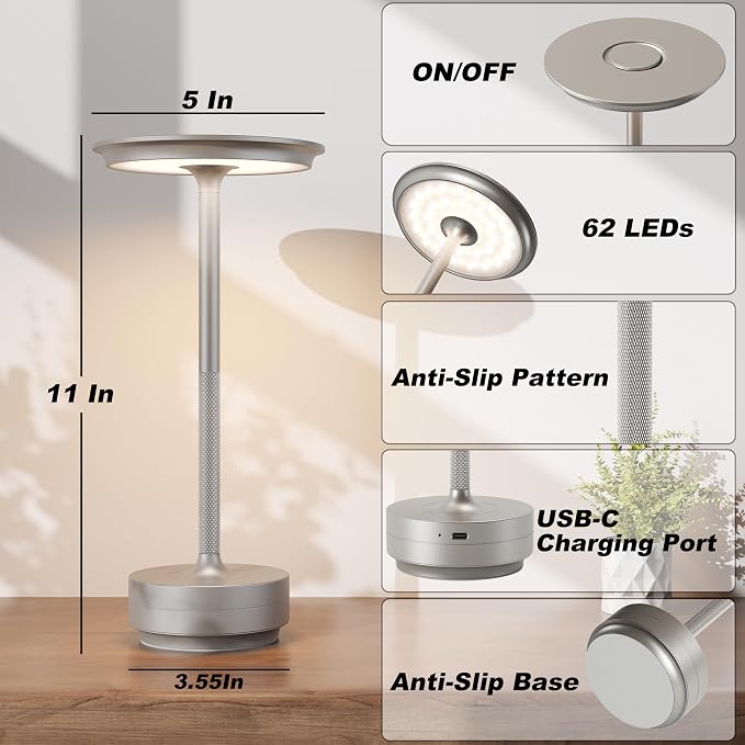 TBBGA 1 Pack Rechargeable Cordless Table Lamp, 5000mAh Battery Table Light | 3 Color Stepless Dimming Portable LED Table Light with Memory Function, for Outdoor/Dinner/Patio/Restaurant.(Silver)
