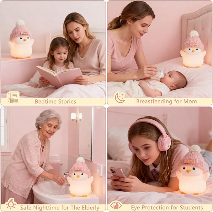 FAMIDUO Penguin Night Light for Kids,Pink Penguin Lamp with Knit Hat | Squishy Silicone,Rechargeable Dimmable Timer LED Bedside Lamp,Cute Animal Nightlight for Nursery,Gift for Boys Girls Toddlers