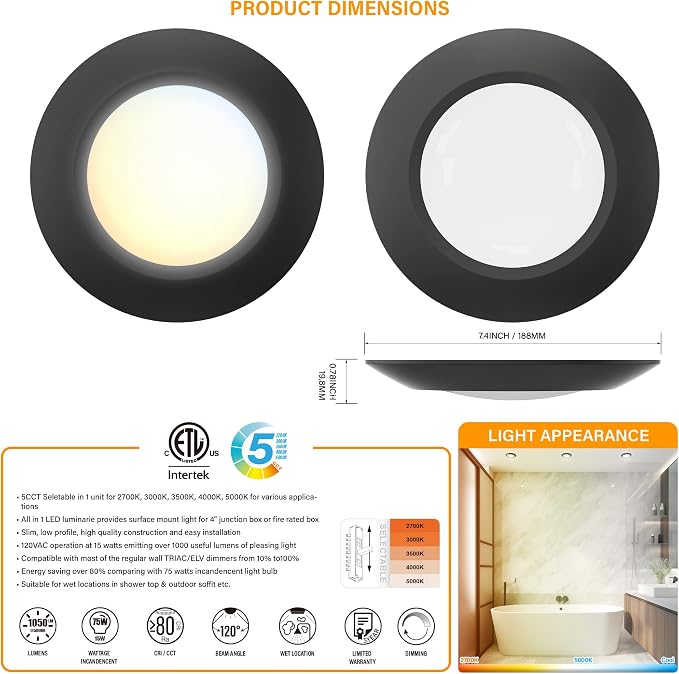 8 Packs 6 Inch Black 5CCT Field Selectable LED Low Profile Recessed & Surface Mount Disk Light, Round, 15W, 920 Lumens, CRI80, 27K-30K-35K-40K-50K, Driverless, Dimmable, ETL & Wet Listed