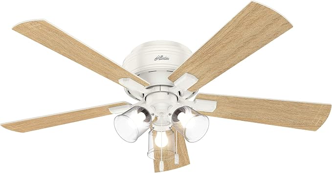 Hunter 52 inch Indoor Ceiling Fan with LED Lights and Pull Chain - Low Profile Flush Mount White Ceiling Fan, 5 Blades, For Bedroom, Living Room, or Kitchen, Quiet - Crestfield 54207, Fresh White | with LED Lights and Pull Chain, Low Profile Flush Moun...