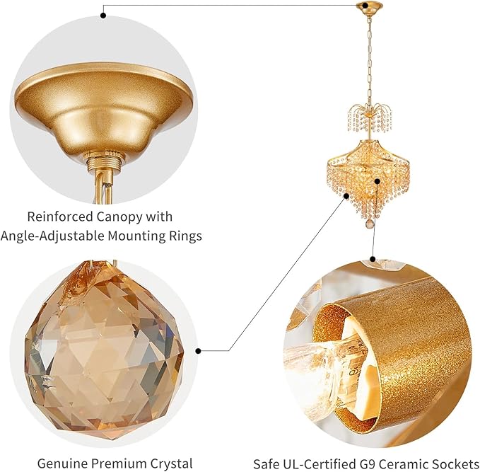 WUZUPS Golden-Hued Crystal Chandelier Pendant Flushmount Ceiling Light Modern Lighting Fixture for Bedroom Hallway Bar Kitchen Bathroom, H 20.1" x W 14.7", Gold, G9 Base