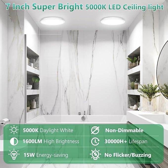 Brightever 3 Pack LED Flush Mount Ceiling Light, 7 Inch 1600LM, 150W Equivalent Modern Ceiling Light Fixture, 5000K Daylight White 0.67 Inch Thickness Light Fixtures Ceiling Mount, Non-Dimmable