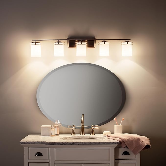 Kichler Hendrik 43" Vanity Light in Brushed Nickel, 5-Light Modern Bathroom Vanity with Satin Etched Cased Opal Glass, (43" W x 7.75" H), 5085NI