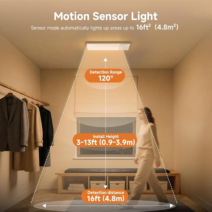 NARUNDREN 12000mAh Rechargeable LED Motion Sensor Ceiling Light for Closet | 400LM Brightness, 3 Color Temps & 5-Step Dimming, Battery Operated w/Remote, Wireless Magnetic Mount for Indoor Scenes