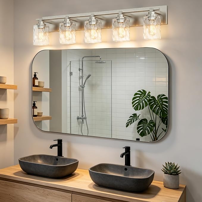 Modern Bathroom Lighting Fixtures Over Mirror, Vanity Lights for Bathroom, Wall Sconces with Clear Glass Shades, E26 Ceramic Socket, 5-Light 35.4-inch Brushed Nickel