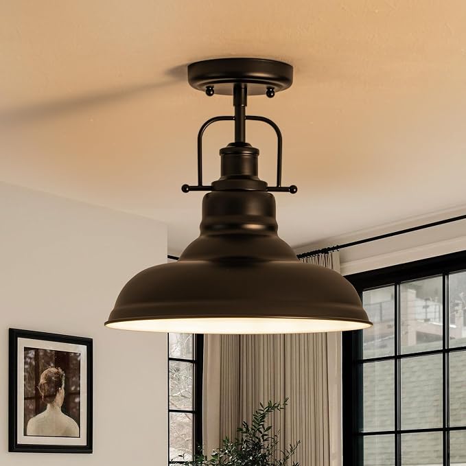 Zlepmlla Famrhouse Ceiling Light, Semi Flush Mount Light Fixture with Metal Dome Shade, Balck Ceiling Light for Hallway, Entryway,Kitchen