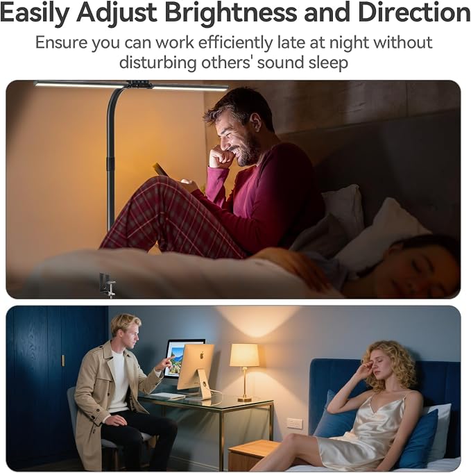 LED Desk Lamp for Home Office - 24W Eye-Caring Architect Clamp Light for Dual Monitors, Bright Task Light with USB Port, Touch Dimming, 5 Colors & 50 Modes, Flexible Gooseneck for Read, Study, Craft