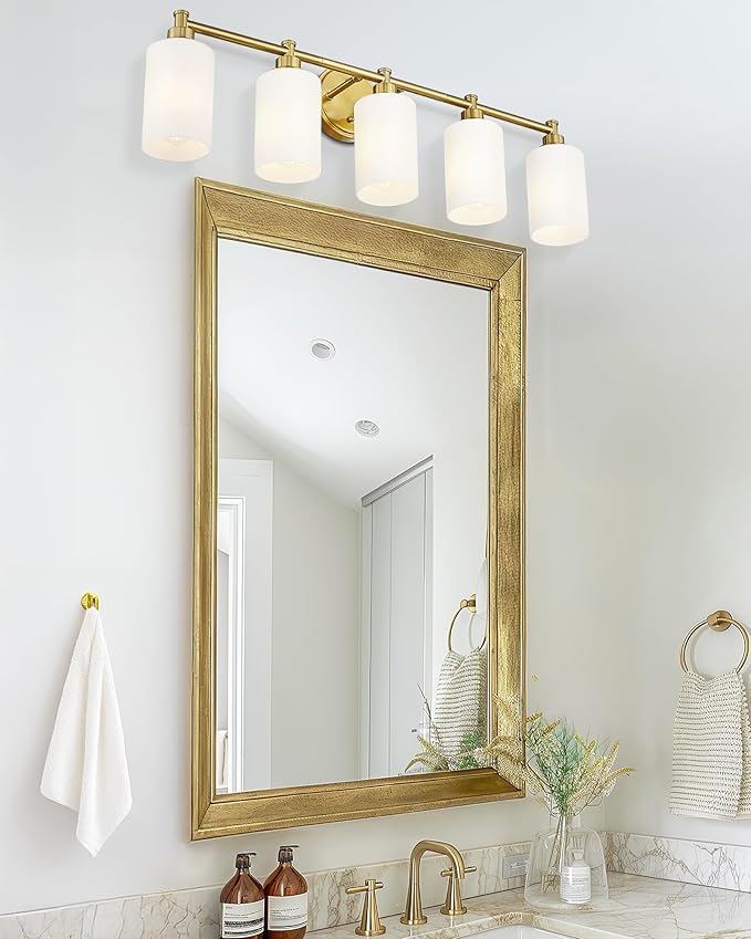 FEMILA 5 Light Bathroom Light Fixture Over Mirror, 32" Brushed Gold Vanity Light, Bathroom Vanity Light with Milk White Glass, 4FYC56B-5W BG-MG