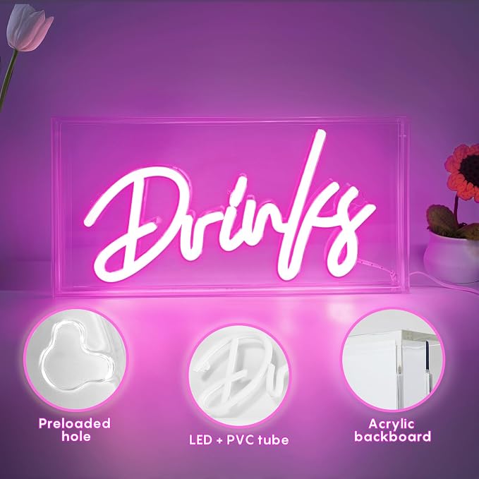 Drinks Neon Sign, Drinks Signs USB LED Desk Lightbox with ON/OFF Switch, Light Up Sign for Table Decor, Home Bar, Kitchen, Club, Pub, Restaurant Wall Decor & Bar Cart Accessories (Pink)