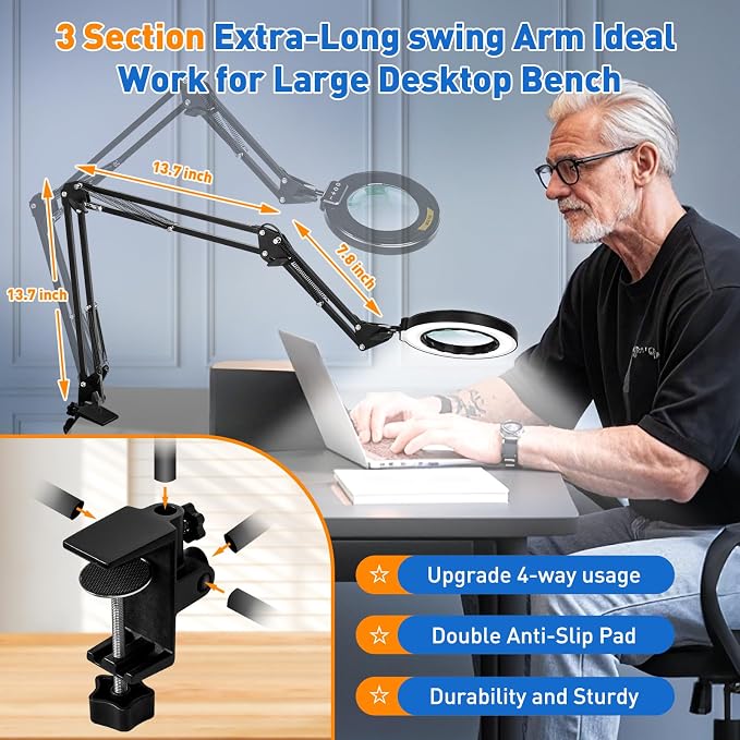 Ultra Long 3-Section Swing Arm 12X Magnifying Glass with Light-Black | 4-Way Large Metal Clamp, 5 Color Modes LED, 35.2Inch Lighted Magnifier Lamp for Workbench Crafting Hobby Soldering Sewing