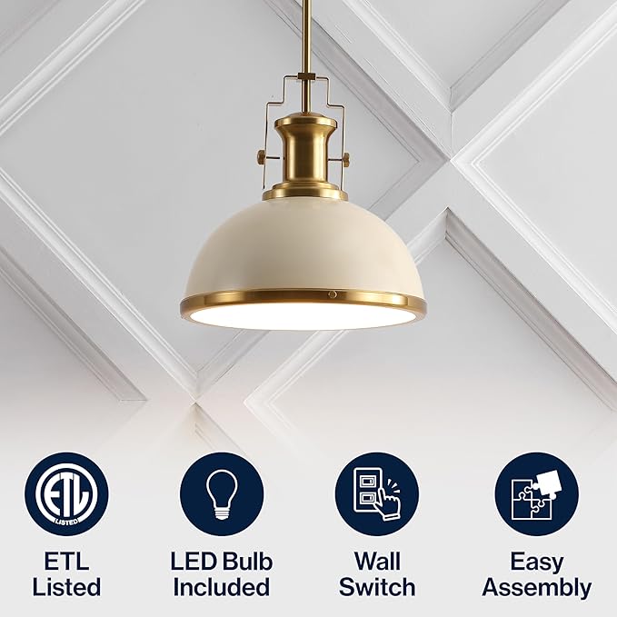 JONATHAN Y Homer Industrial Dome Pendant 13", Almond/Brass Gold | 1-Light, Farmhouse Style, Adjustable Hanging Height, Glass Diffuser, Sloped Ceiling Compatible, Metal, LED Bulb Included